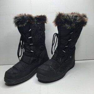 SnowTec Womens Black Quilted Winter Snow Boots Fur Top Zipper Laces Size 10